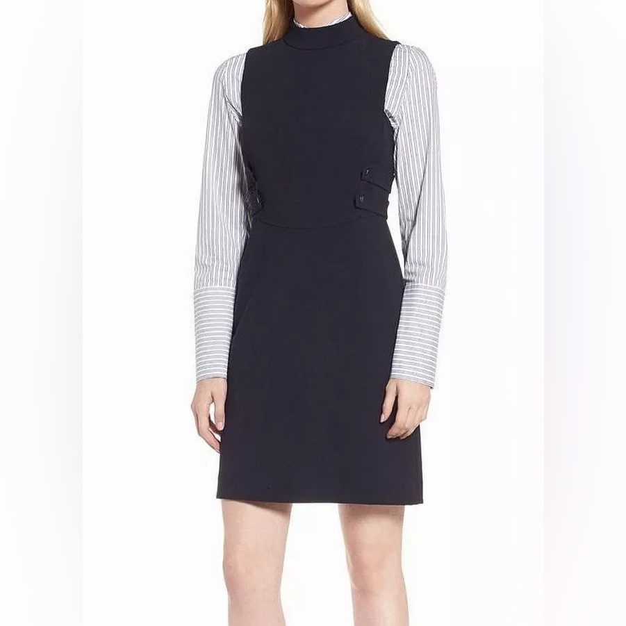 Lewit Mock Neck Military Detail Sheath Dress In Navy Night Size 10